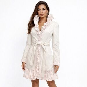 bebe Ivory Ruffle Trench Coat Size Small Belted Statement